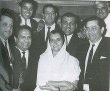 Jaikishen-Shanker with Late Prime Minister of India Smt. Indira Gandhi, Raj Kapoor, standing behind are I S Johar, Agha,  Mehmood and C. Ramchandra
